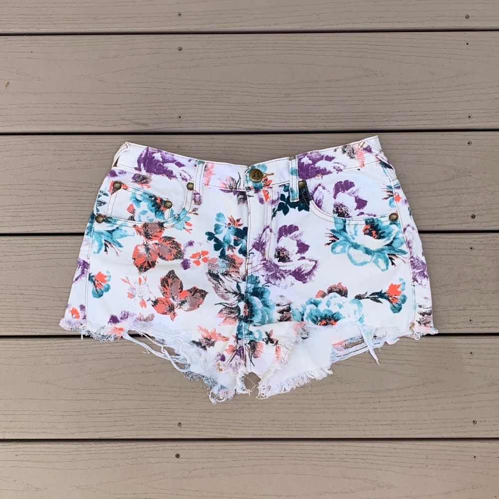 Free People Floral Denim Shorts
